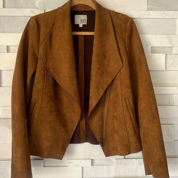 KUT FROM THE KLOTH Carina Faux Suede Drape Moto Jacket Brandy Brown S Boho - Picture 2 of 7